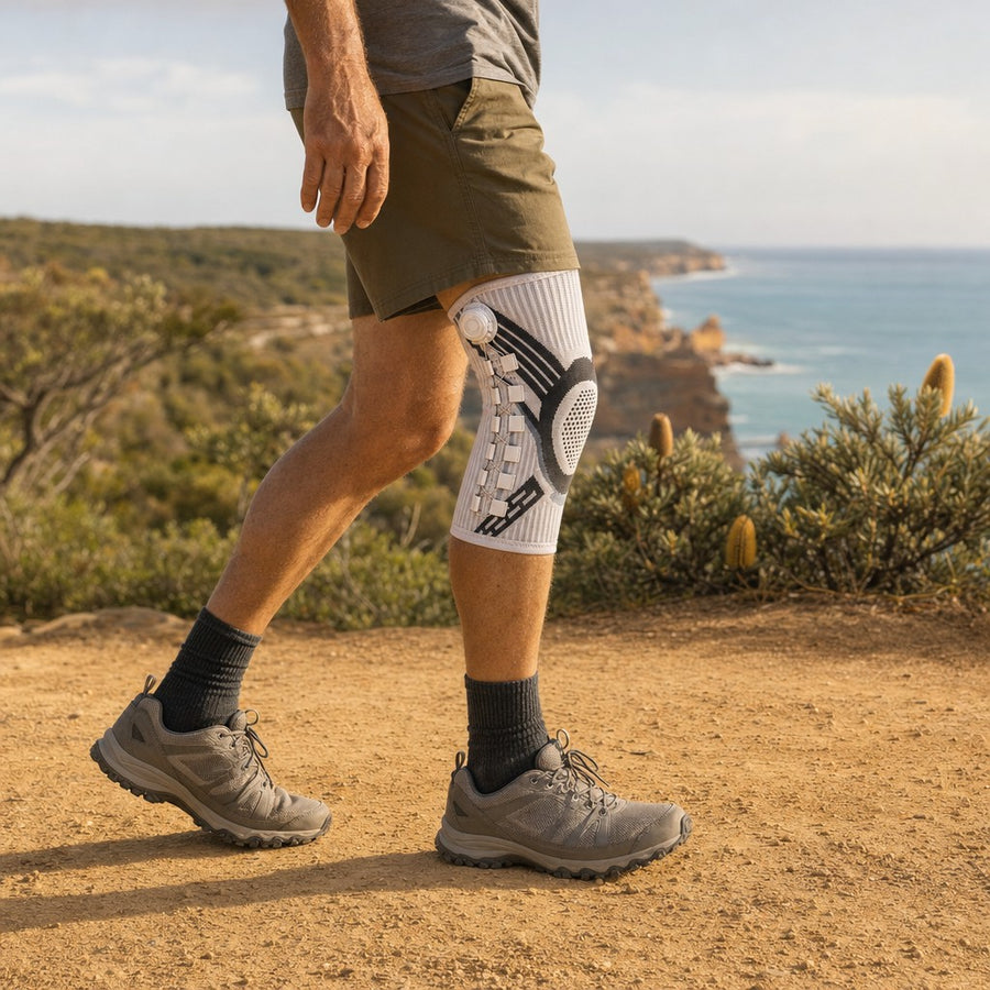 Man walking a coastal track wearing the white Dial-Fit knee sleeve